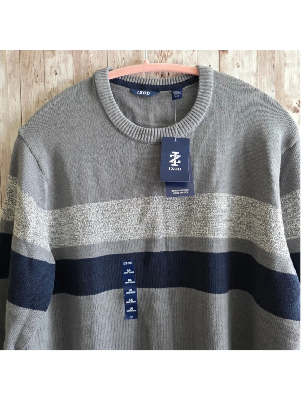 Men's IZOD Crewneck Sweater Large Grey Navy Blue Striped NWT